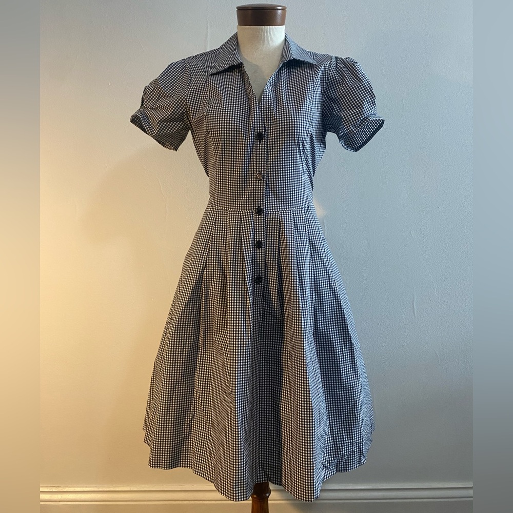 Donna Karan Gingham Midi Dress Puff Sleeve Tie Waist Black and White Size 6 - Picture 3 of 11